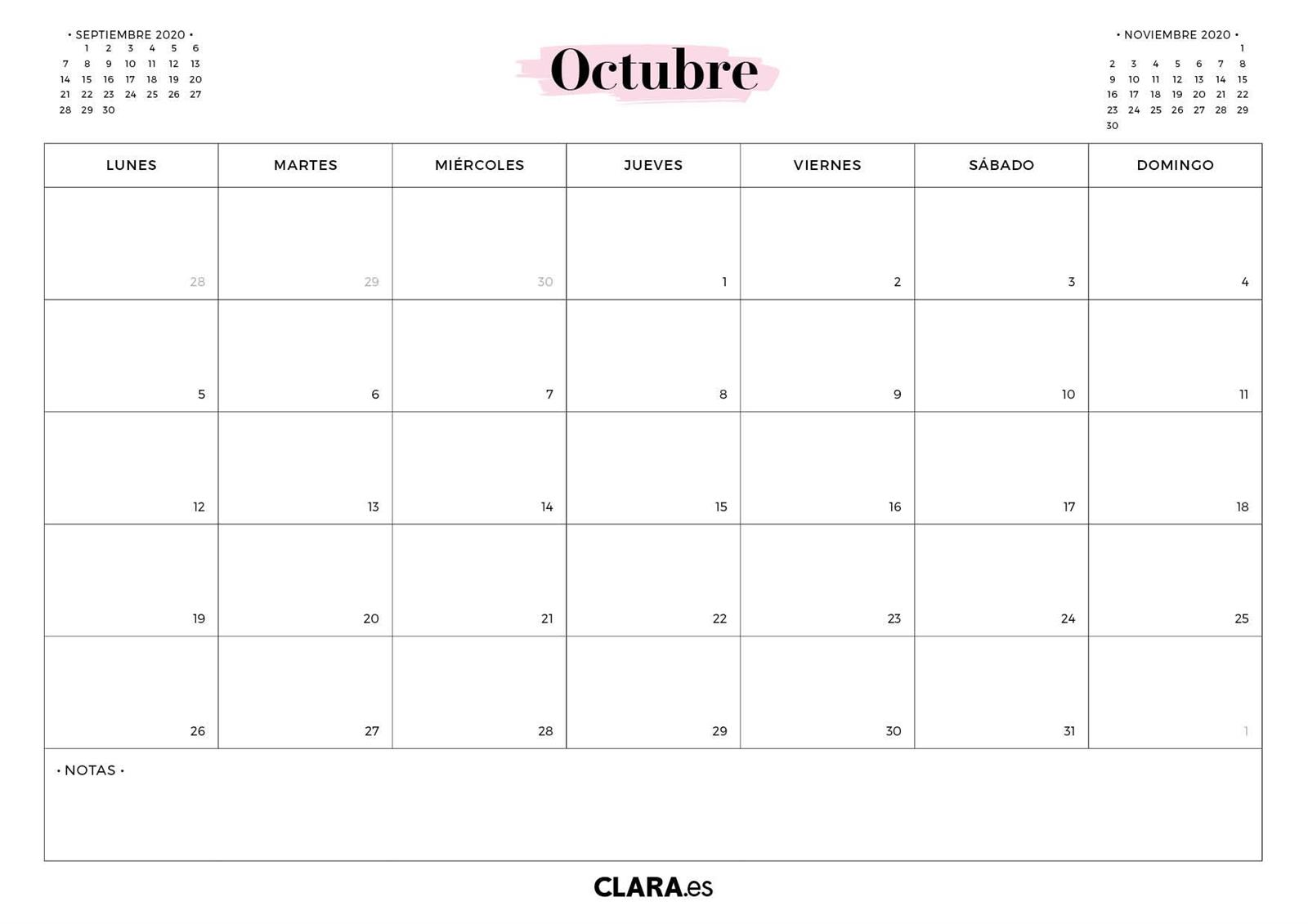 Calendario octubre 2020 para imprimir en jpg