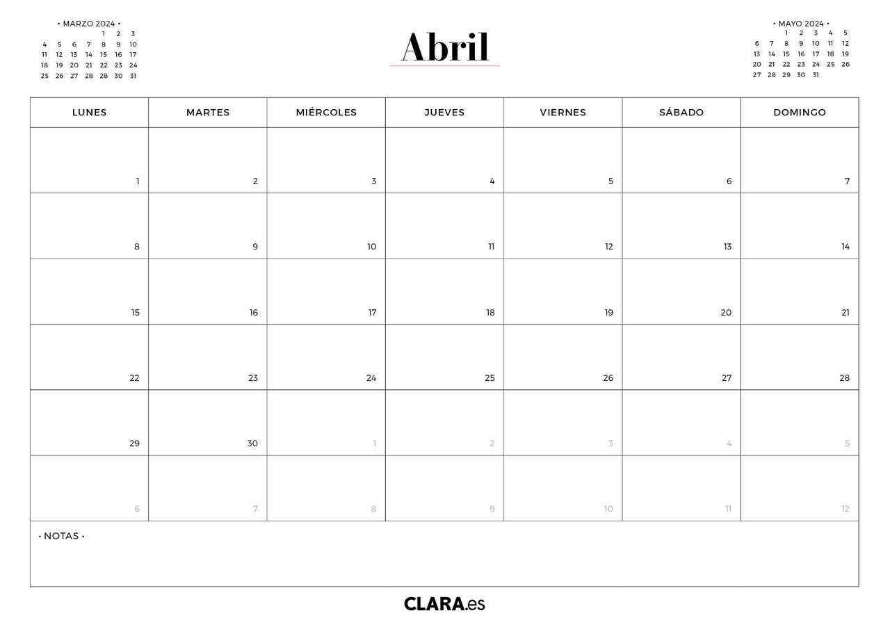 Abril calendario 2024 imprimir jpg gratis descargar