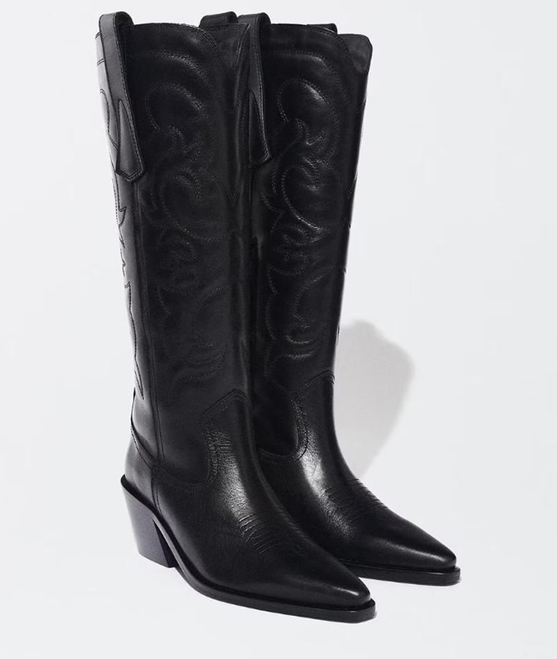 Botas de mujer altas de estilo cowboy con pespuntes en negro