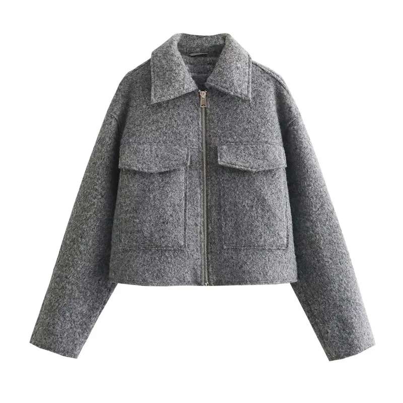 TRAF Chaqueta corta de Tweed con cremallera para mujer abrigo corto de temporada media novedad en jpg  (1)