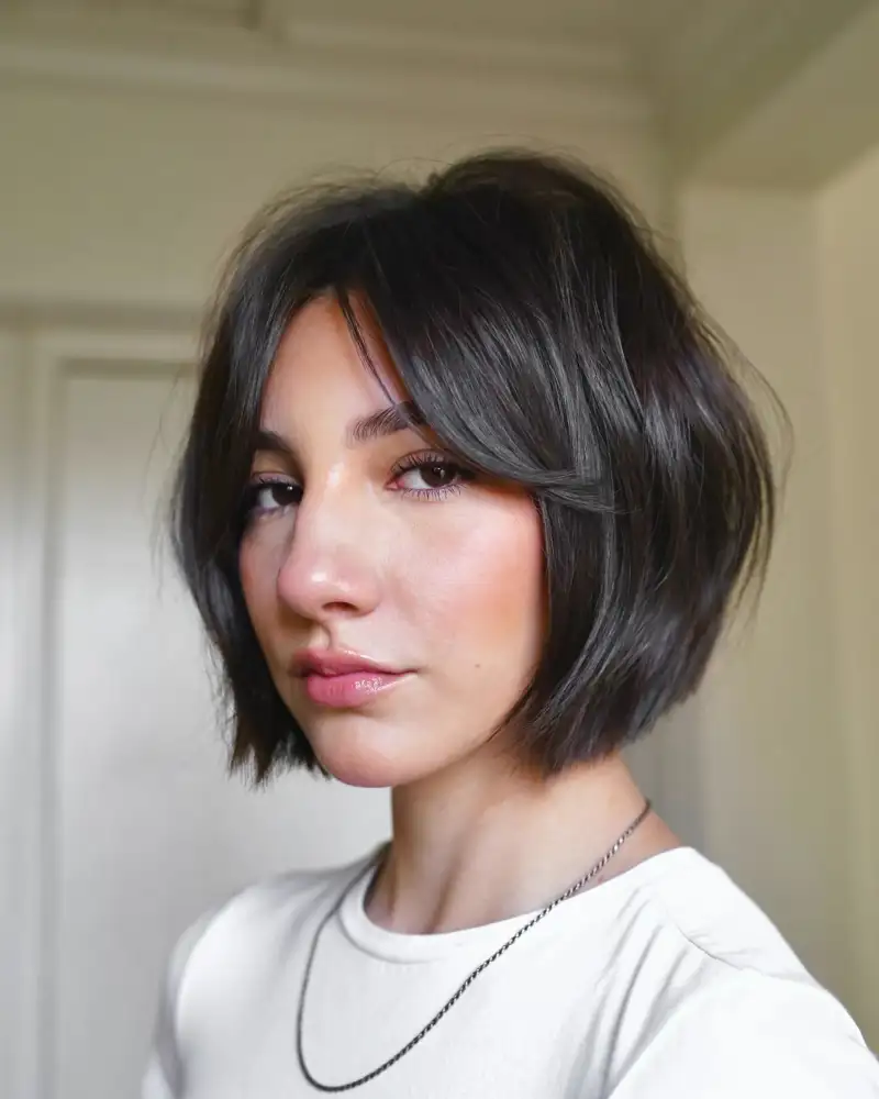 25 cortes de pelo para cara redonda ideales para mujeres de 50 años Blunt bob con flequillo cortina 