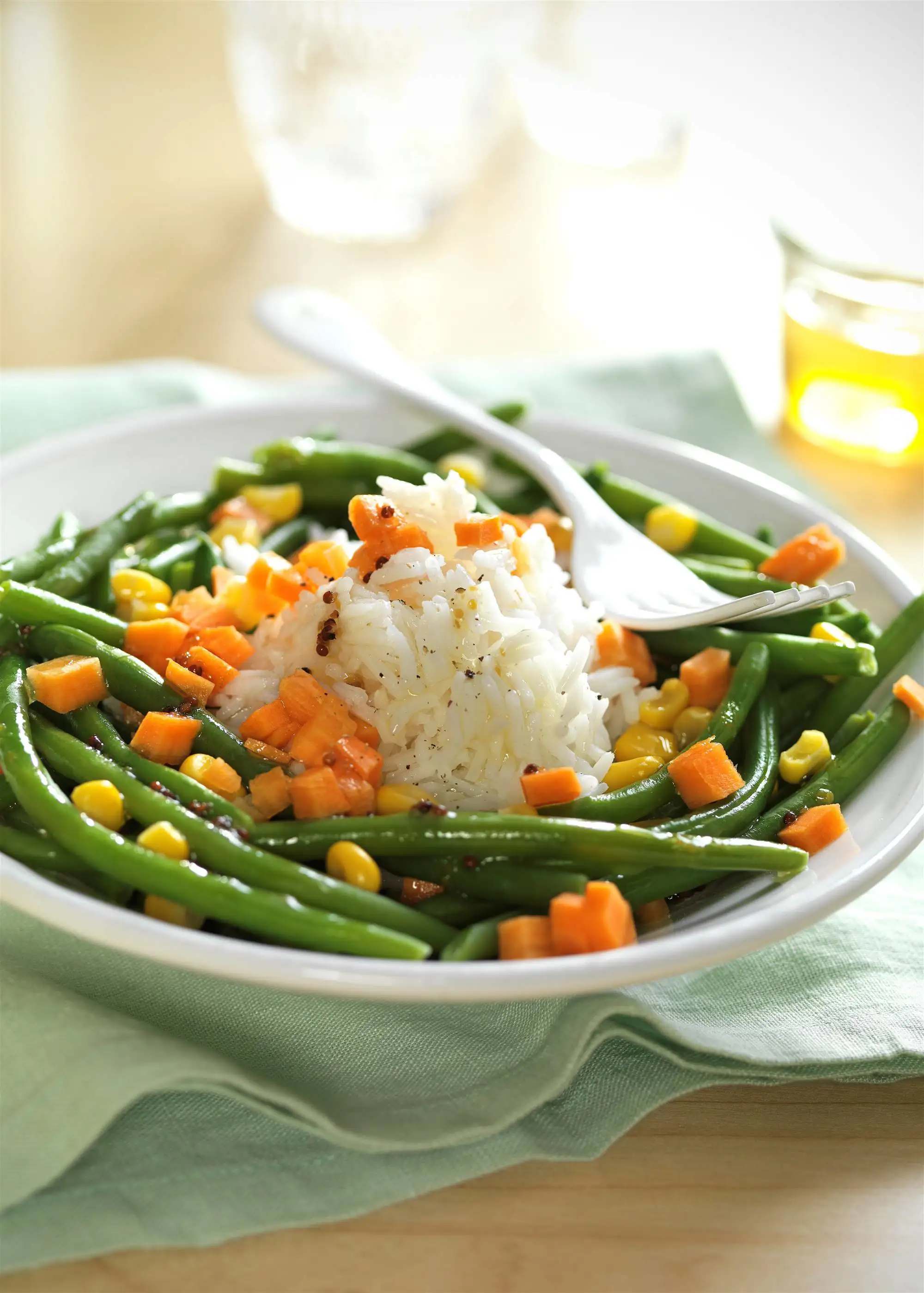 Ensalada de judías verdes con arroz blanco