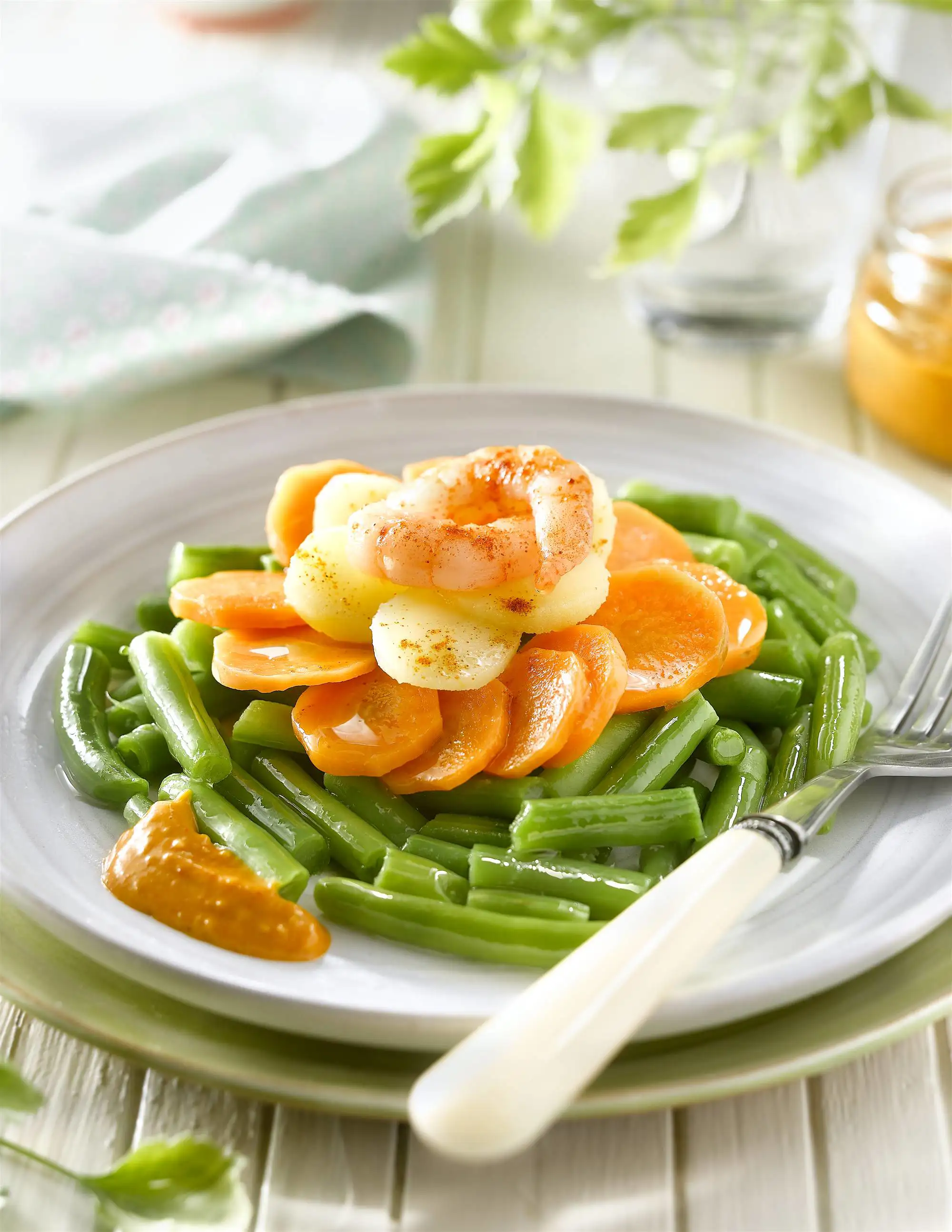 Ensaladas de judías verdes con langostinos