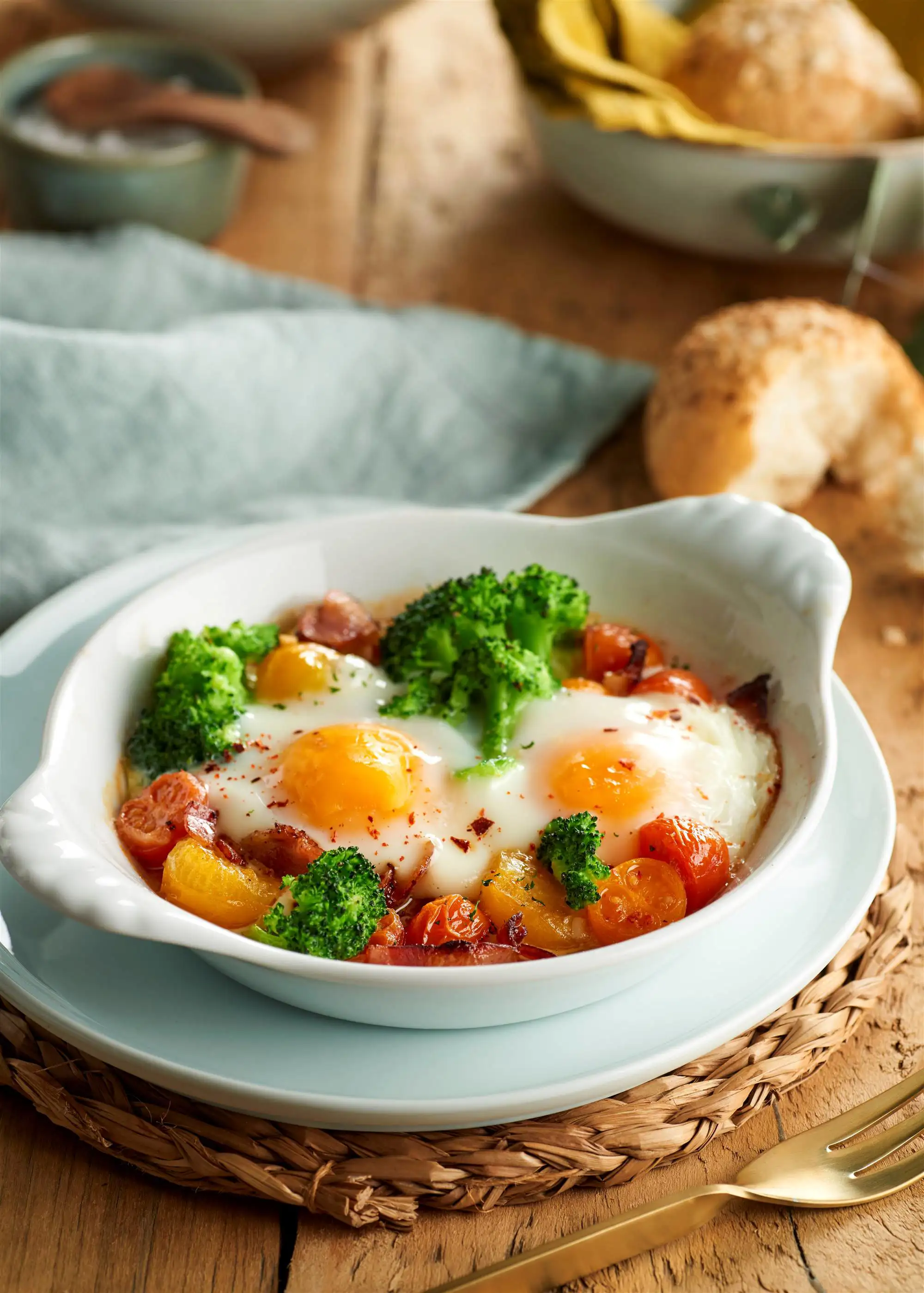 Huevos al plato con brócoli y beicon