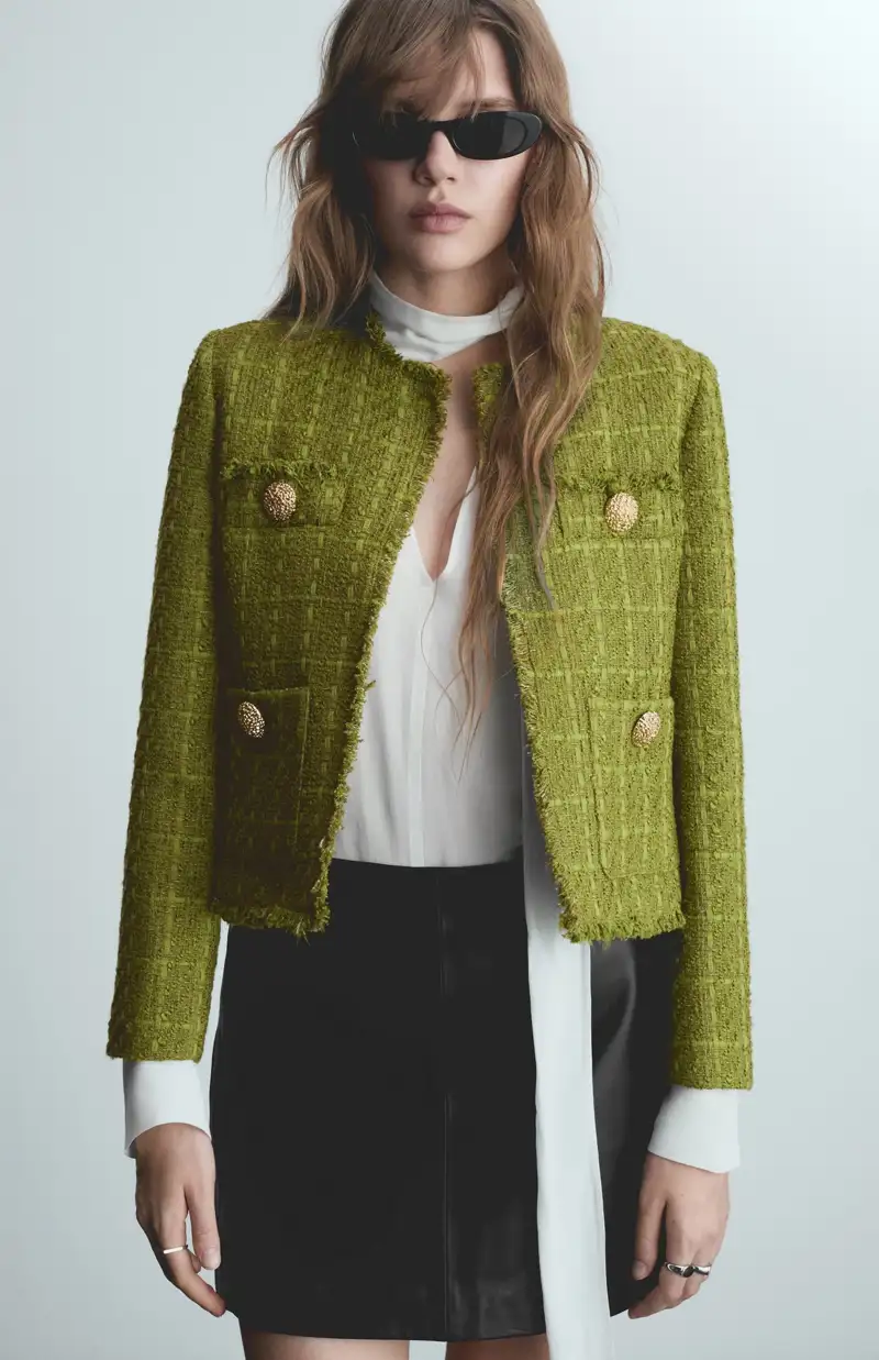 Chaqueta tweed verde oliva