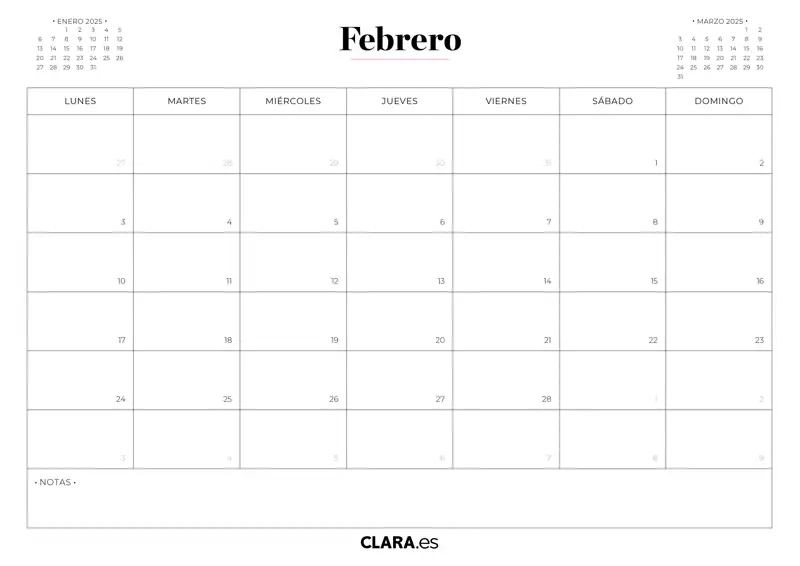 Febrero calendario 2025 imprimir jpg gratis descargar