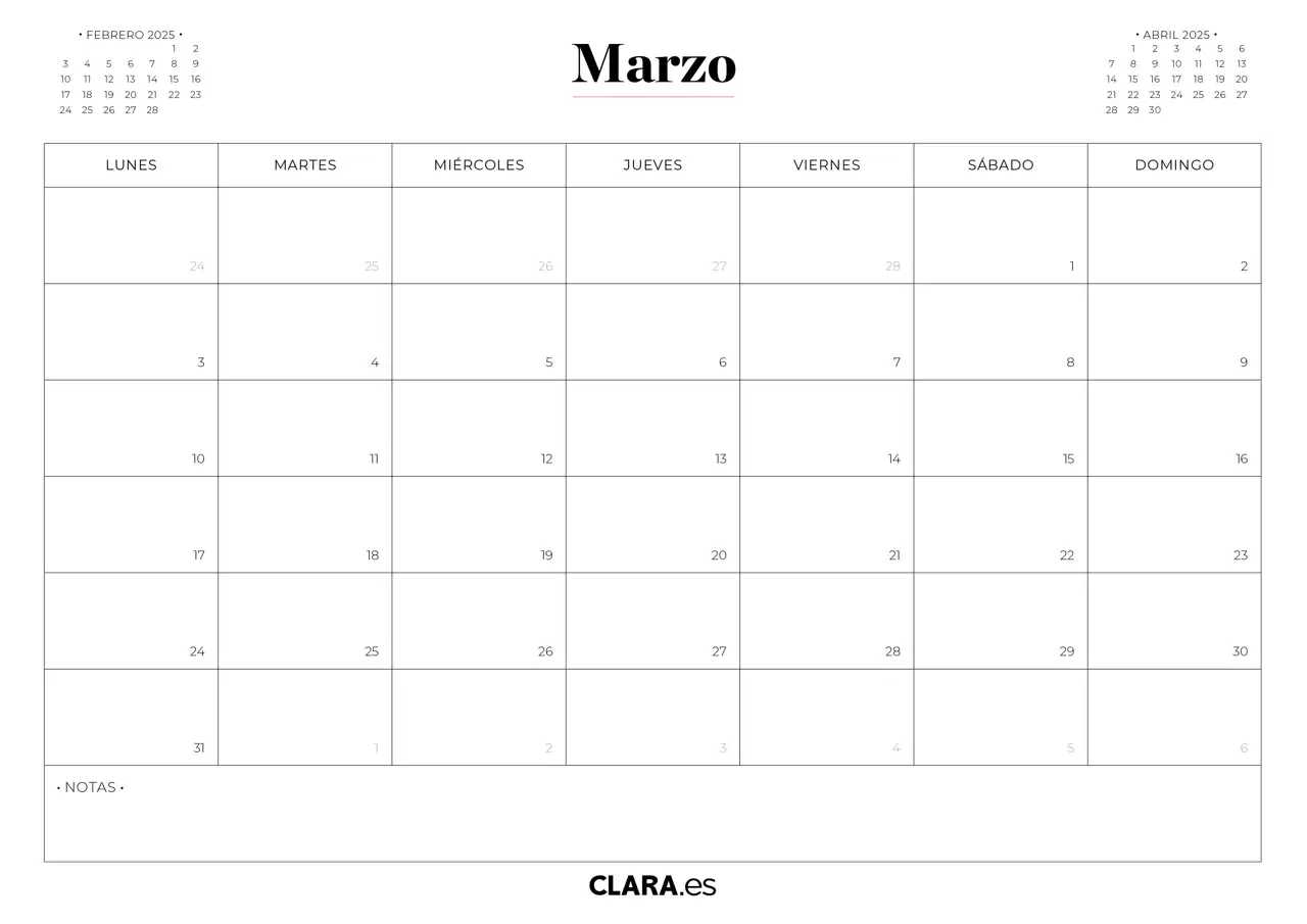 Marzo calendario 2025 imprimir jpg gratis descargar