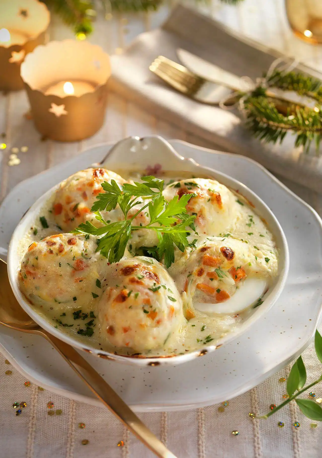 primeros platos para Navidad huevos a la donostiarra rellenos de bacalao y gambas