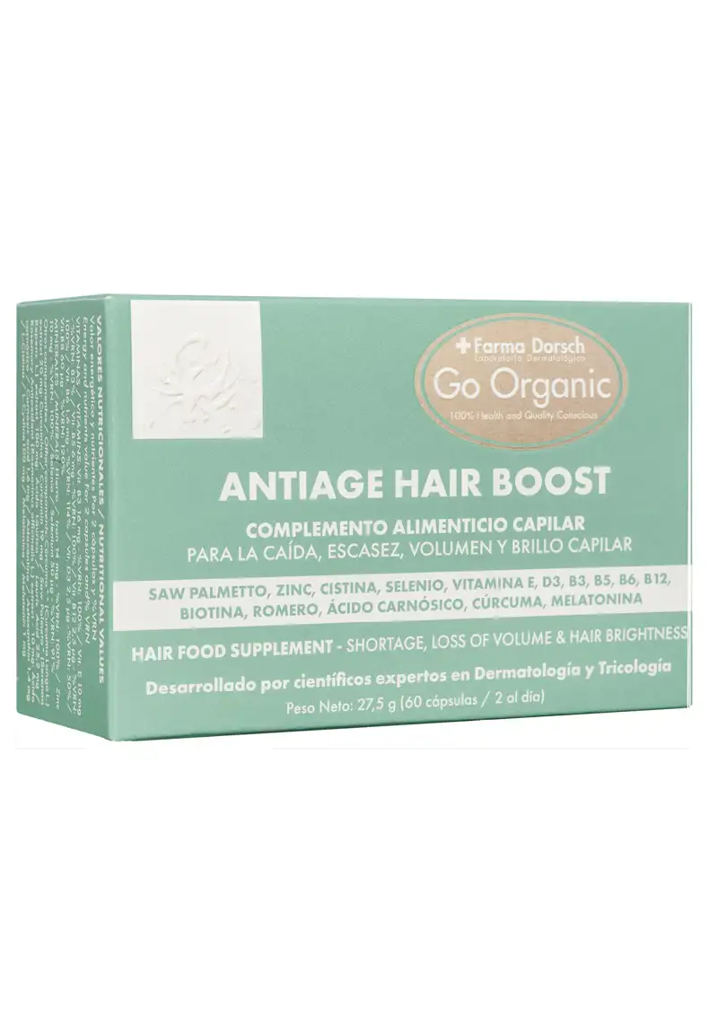 Complementos alimenticios vitaminas pelo Antiage HAir Boost Go Organic de Farma Dorsch 