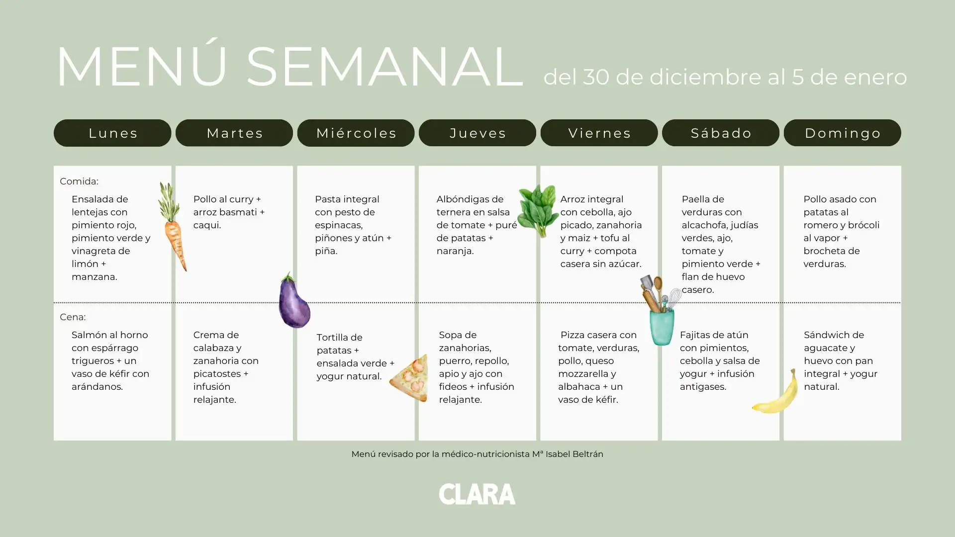 Menú semanal CLARA del 30 de diciembre al 5 de enero