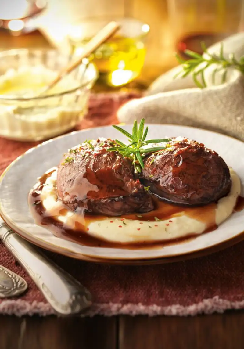 carrilleras guisadas al vino tinto con guarnición de puré de patatas