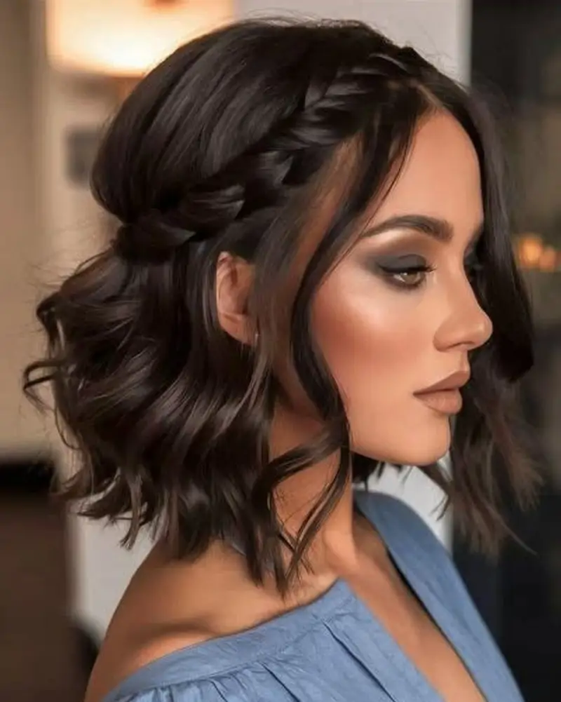 Semirrecogido trenza peinados con ondas pelo corto boda