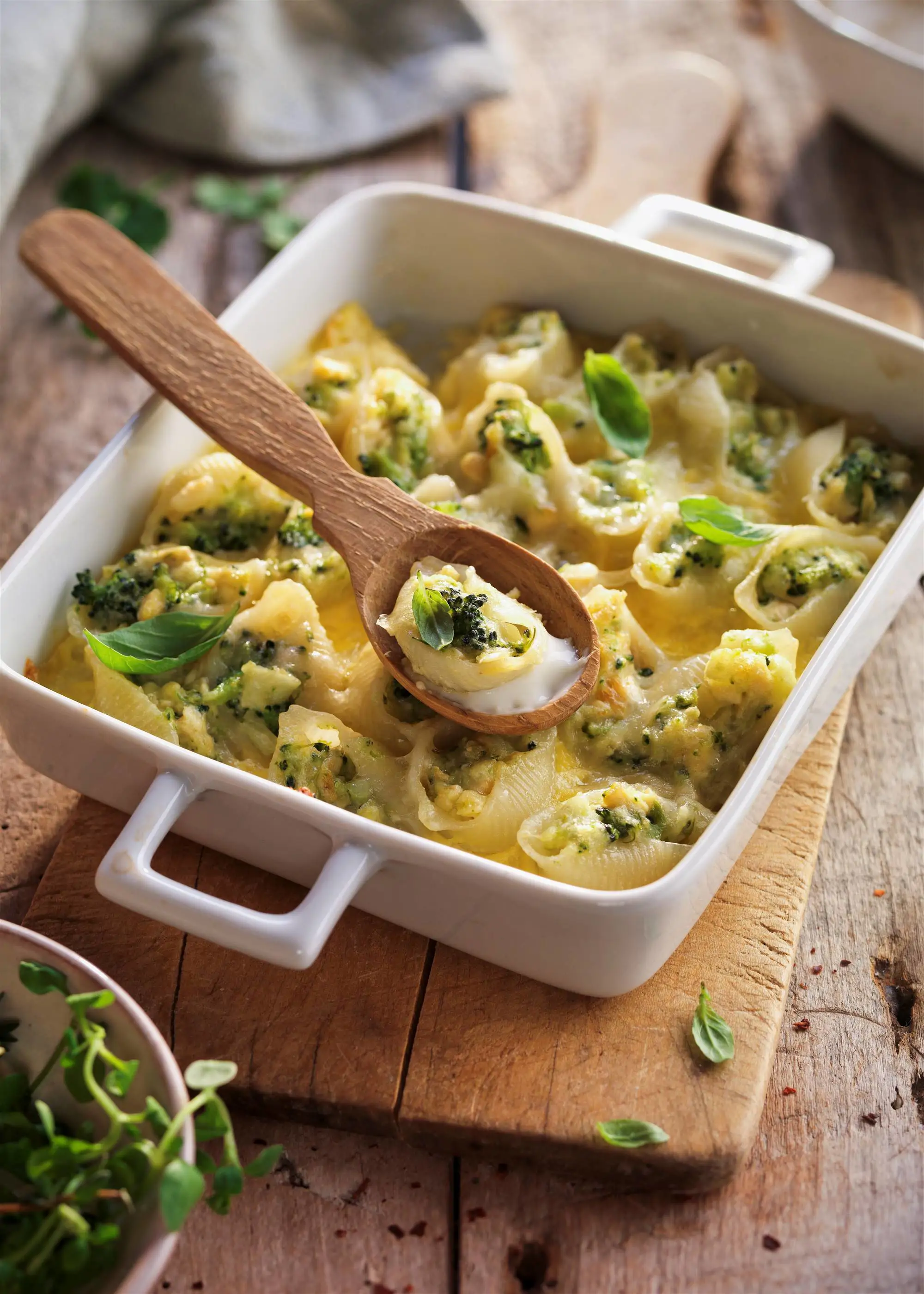 Conchas rellenas de pollo y brócoli con salsa de quesos