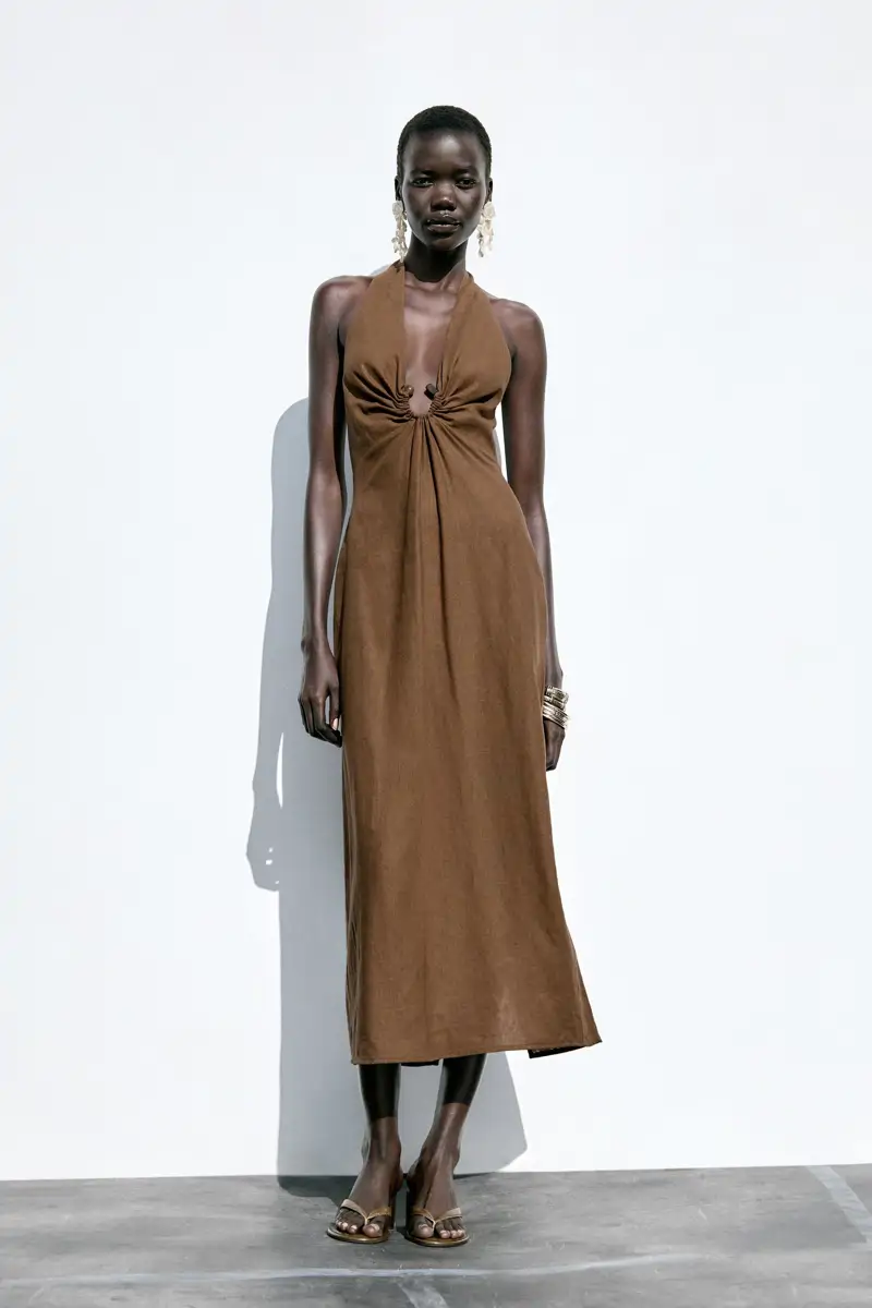 vestido marron lino zara