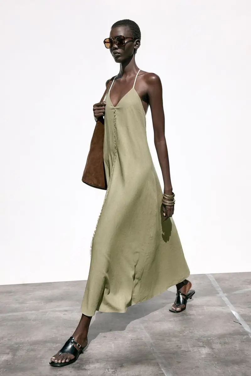 vestido midi lino volumen zara