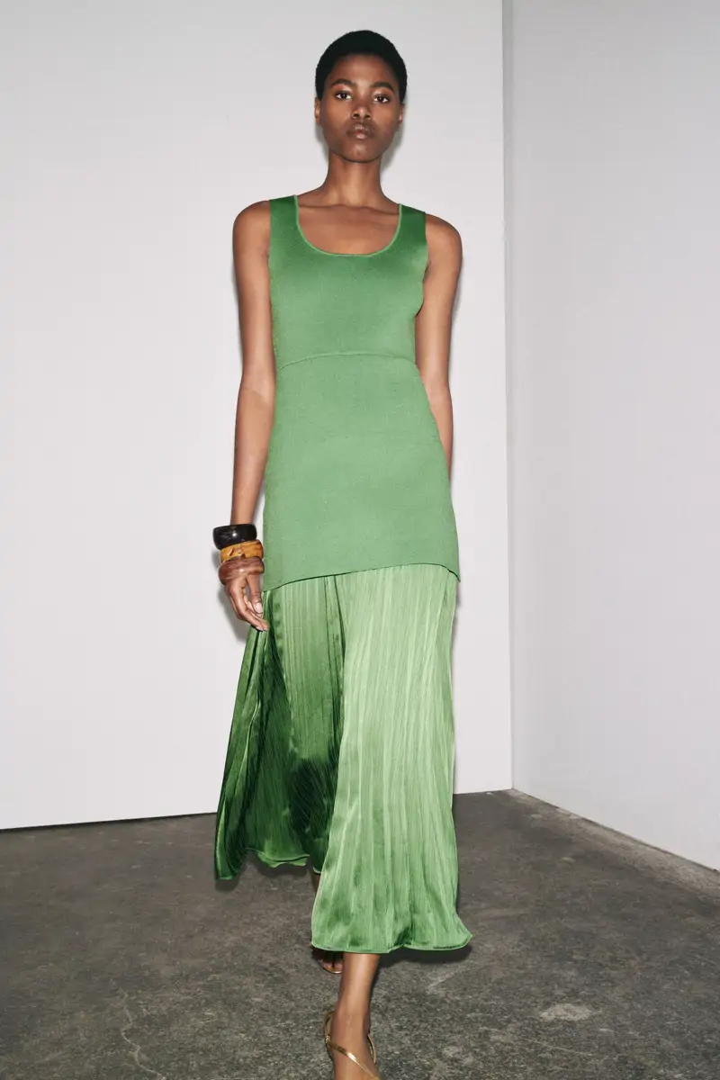 vestido combinado plisado verde zara