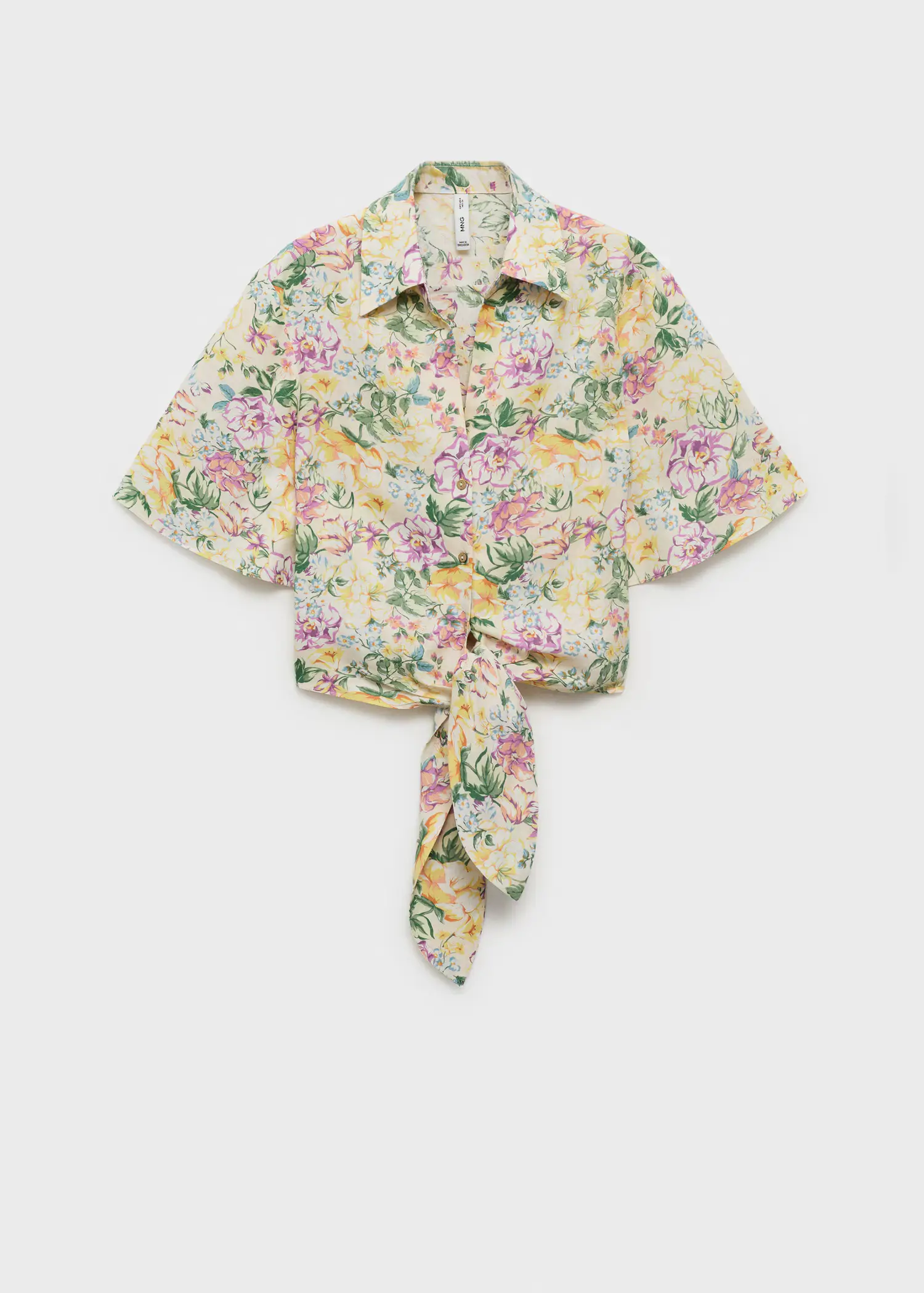 Camisa de lino floral con nudo en la cintura