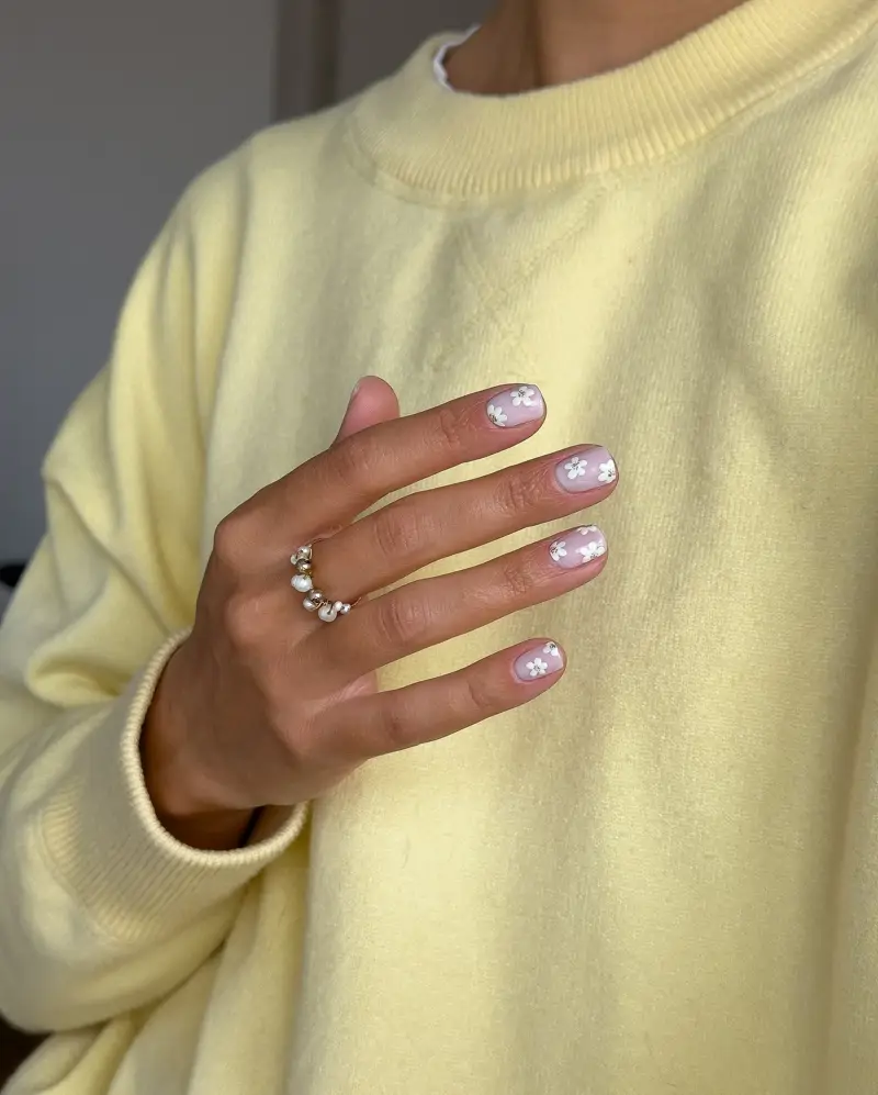 diseños de uñas con los colores de verano 2025 Milky con florecitas blancas