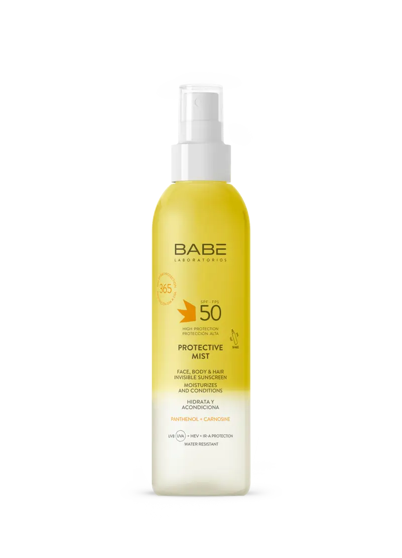 Protective Mist SPF 50 de BABÉ   bruma solar bifásica para rostro, cuerpo y cabello