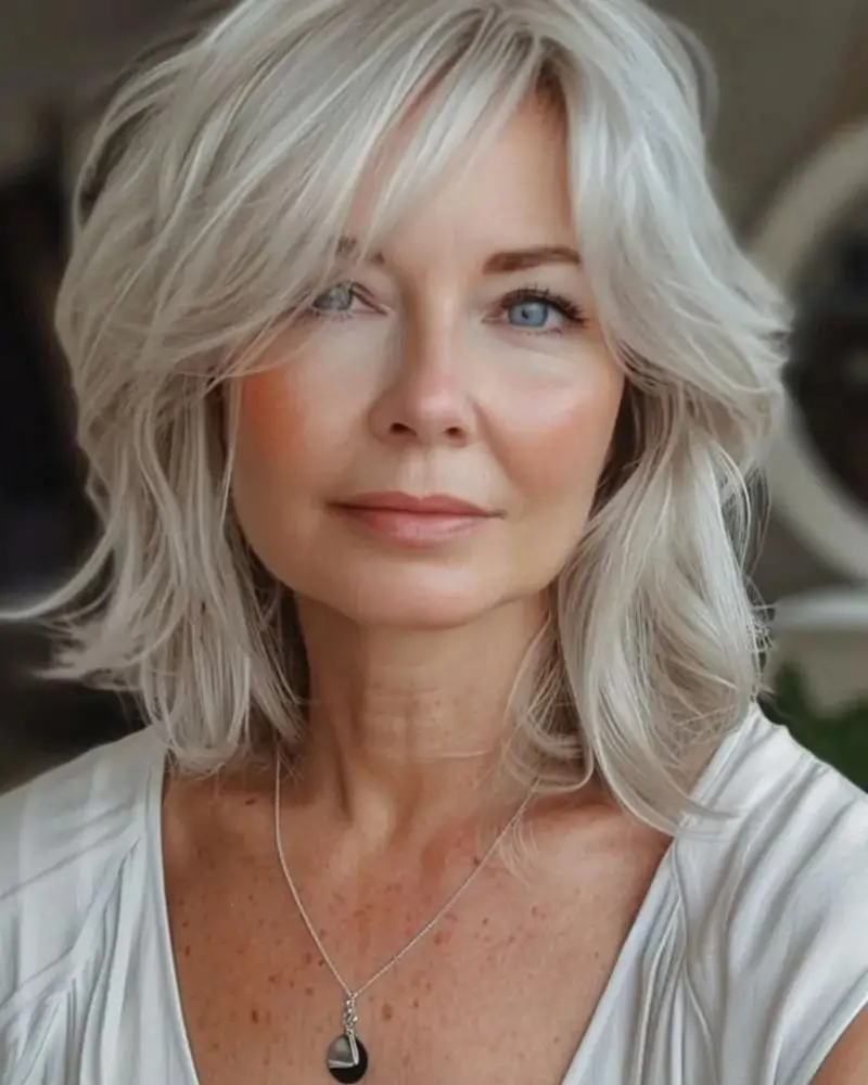cortes de pelo corto para mujeres de 60 y cara redonda para verano 2025 Long bob con flequilo ladeado