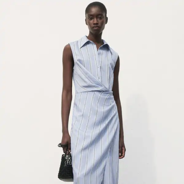 Vestido camisero drapeado de rayas
