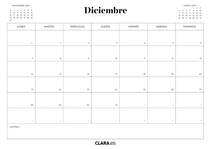 Calendario DICIEMBRE 2026 para imprimir: gratis en jpg y pdf y con